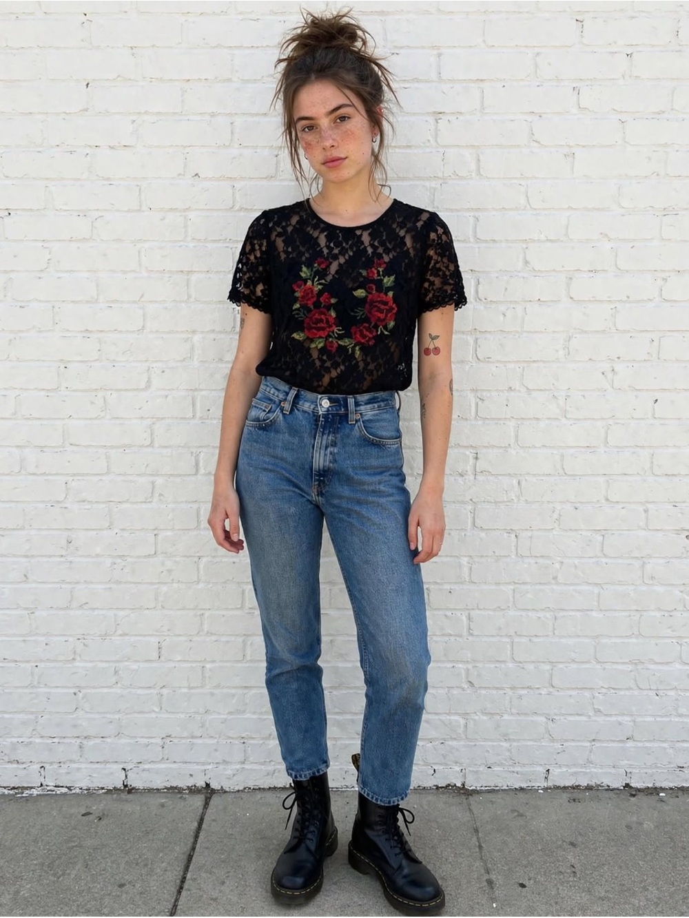 Forever 21 Black Sheer Lace Rose Detail Top Womens Large 2010s